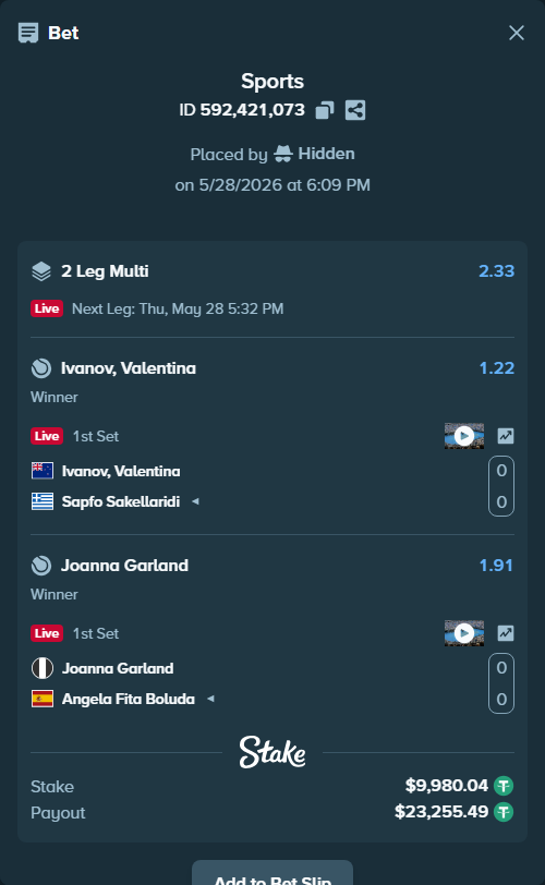Bet slip: Ivanov, Valentina - Sapfo Sakellaridi, $10,000.00 stake at 1.22 odds, placed by Hidden