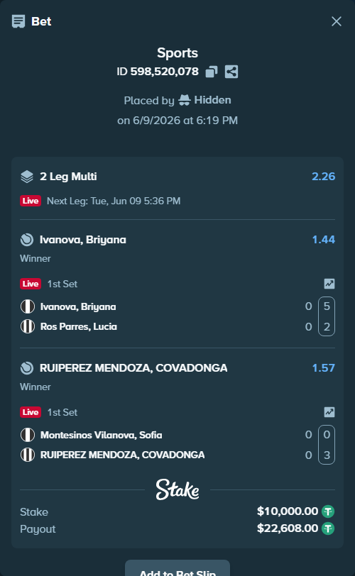 Bet slip: Ivanova, Briyana - Ros Parres, Lucia, $10,000.00 stake at 1.44 odds, placed by Hidden