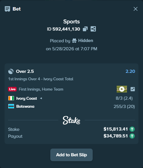 Bet slip: Ivory Coast - Botswana, $15,845.04 stake at 2.20 odds, placed by Hidden