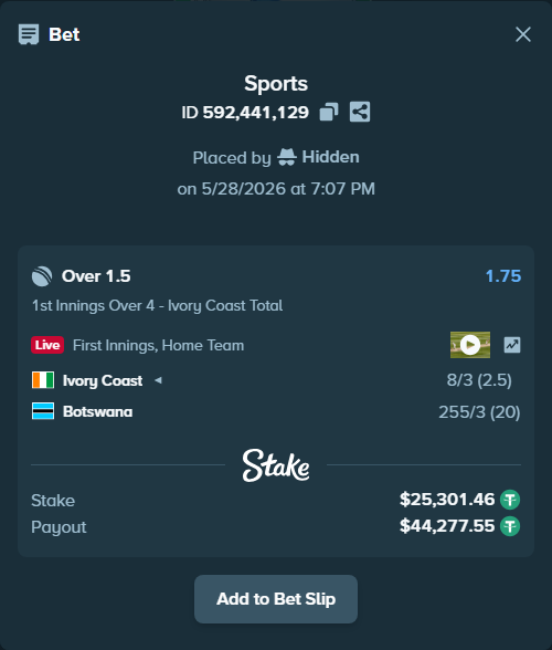 Bet slip: Ivory Coast - Botswana, $25,352.06 stake at 1.75 odds, placed by Hidden