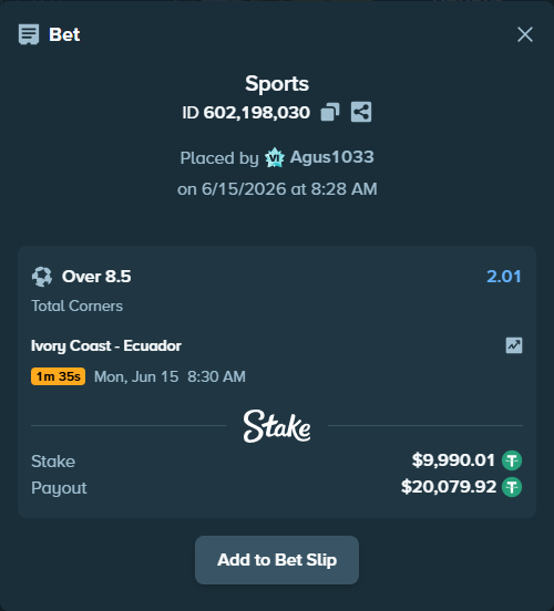 Bet slip: Ivory Coast - Ecuador, $10,000.00 stake at 2.01 odds, placed by Agus1033