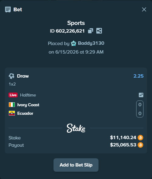 Bet slip: Ivory Coast - Ecuador, $10,936.10 stake at 2.25 odds, placed by Baddy3130
