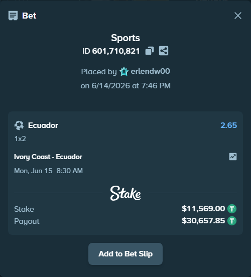 Bet slip: Ivory Coast - Ecuador, $11,580.57 stake at 2.65 odds, placed by erlendw00