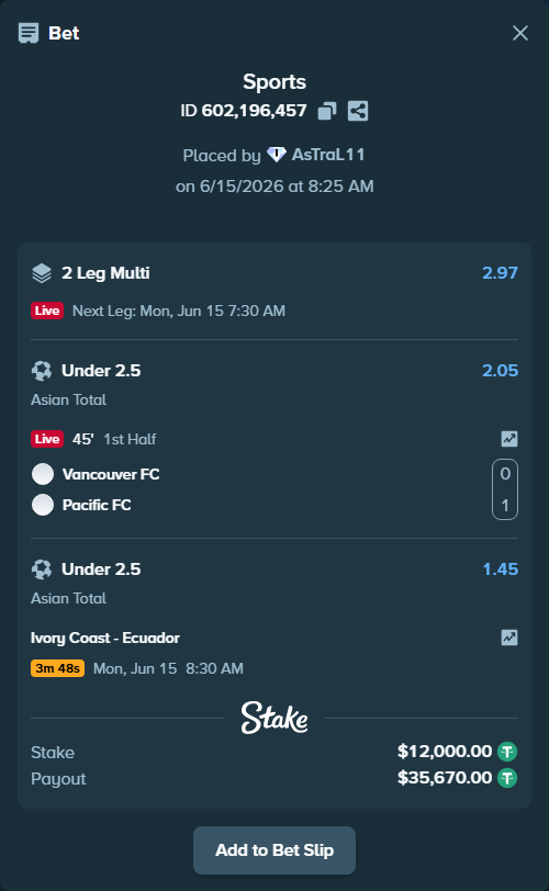 Bet slip: Ivory Coast - Ecuador, $12,012.00 stake at 1.45 odds, placed by AsTraL11