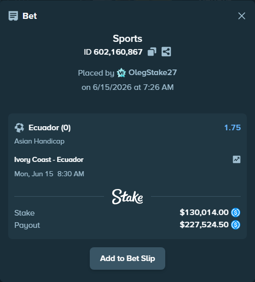 Bet slip: Ivory Coast - Ecuador, $130,014.00 stake at 1.75 odds, placed by OlegStake27