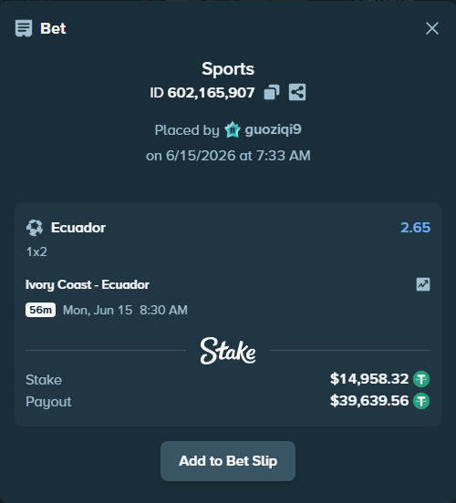 Bet slip: Ivory Coast - Ecuador, $14,973.28 stake at 2.65 odds, placed by guoziqi9