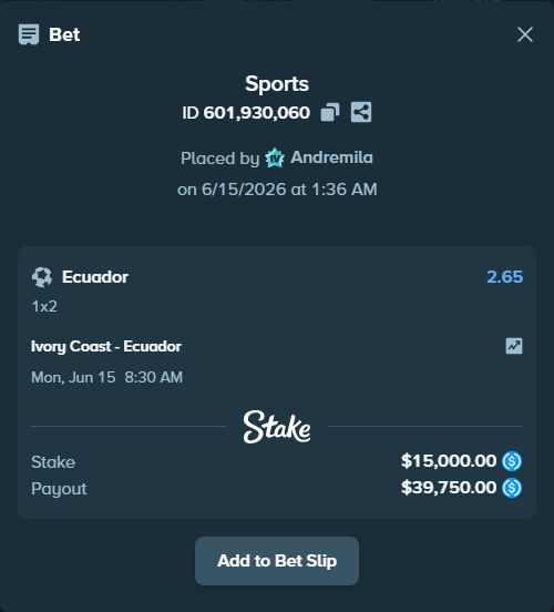 Bet slip: Ivory Coast - Ecuador, $15,000.00 stake at 2.65 odds, placed by Andremila