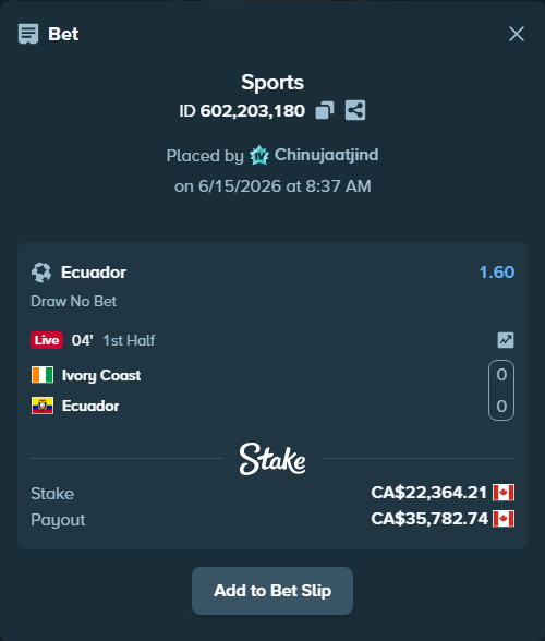Bet slip: Ivory Coast - Ecuador, $16,549.52 stake at 1.60 odds, placed by Chinujaatjind
