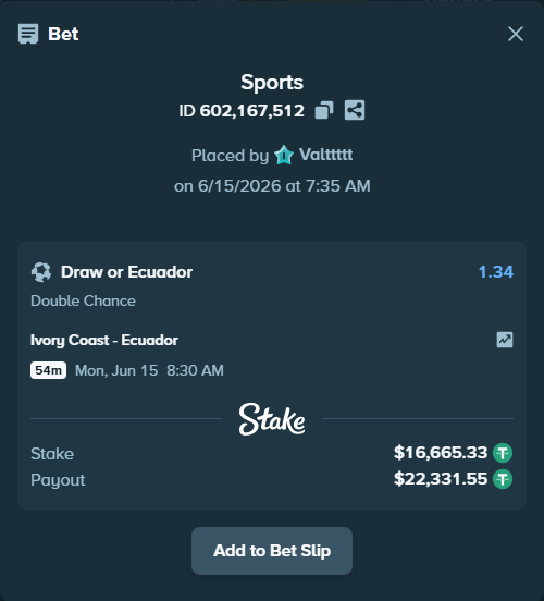 Bet slip: Ivory Coast - Ecuador, $16,682.00 stake at 1.34 odds, placed by Valttttt