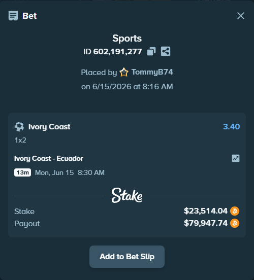 Bet slip: Ivory Coast - Ecuador, $23,156.64 stake at 3.40 odds, placed by TommyB74