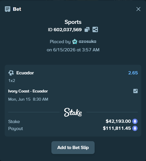 Bet slip: Ivory Coast - Ecuador, $44,059.37 stake at 2.65 odds, placed by azosuka