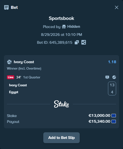 Bet slip: Ivory Coast - Egypt, $14,040.00 stake at 1.18 odds, placed by Hidden