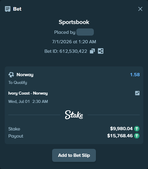 Bet slip: Ivory Coast - Norway, $10,000.00 stake at 1.58 odds, placed by Kamilanna