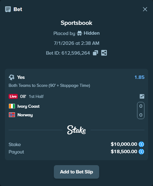 Bet slip: Ivory Coast - Norway, $10,000.00 stake at 1.85 odds, placed by Hidden
