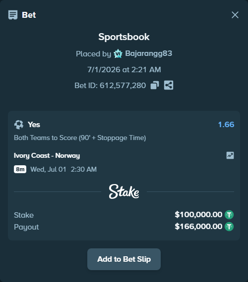 Bet slip: Ivory Coast - Norway, $100,100.00 stake at 1.66 odds, placed by Bajarangg83