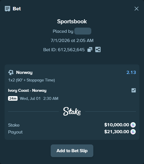 Bet slip: Ivory Coast - Norway, $11,297.00 stake at 2.13 odds, placed by abiltiuszn
