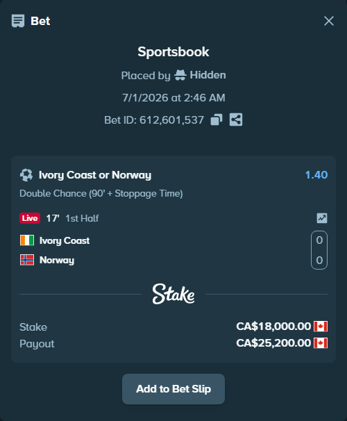 Bet slip: Ivory Coast - Norway, $13,320.00 stake at 1.40 odds, placed by Hidden