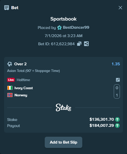 Bet slip: Ivory Coast - Norway, $136,438.00 stake at 1.35 odds, placed by BestDancer99