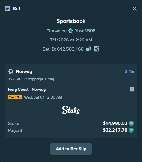 Bet slip: Ivory Coast - Norway, $15,000.00 stake at 2.15 odds, placed by Yuse1508
