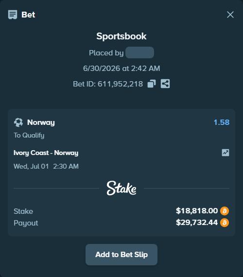 Bet slip: Ivory Coast - Norway, $20,250.81 stake at 1.58 odds, placed by Tonyj69