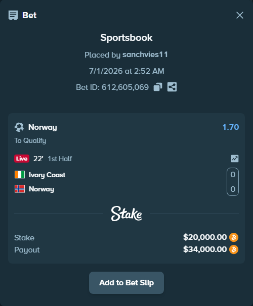 Bet slip: Ivory Coast - Norway, $21,521.21 stake at 1.70 odds, placed by sanchvies11