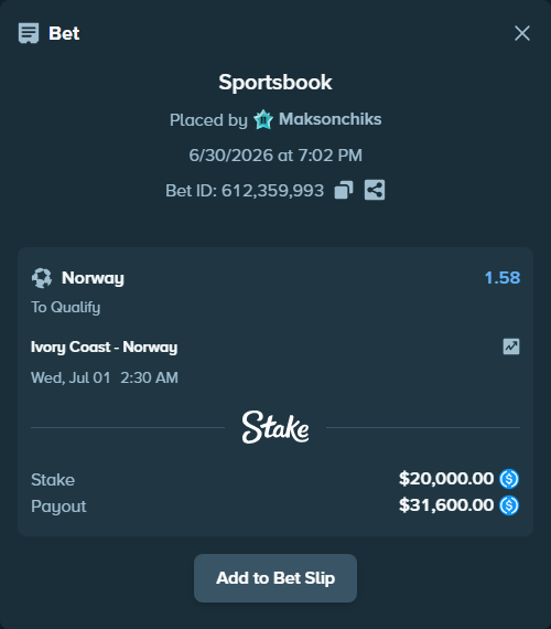 Bet slip: Ivory Coast - Norway, $20,000.00 stake at 1.58 odds, placed by Maksonchiks