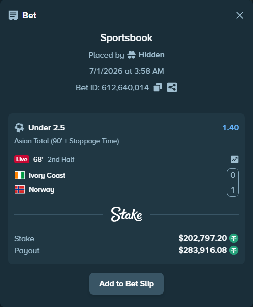 Bet slip: Ivory Coast - Norway, $203,000.00 stake at 1.40 odds, placed by Hidden