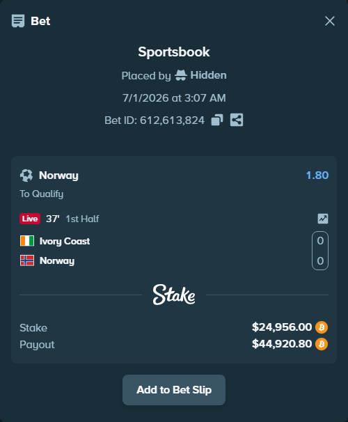 Bet slip: Ivory Coast - Norway, $26,934.31 stake at 1.80 odds, placed by Hidden