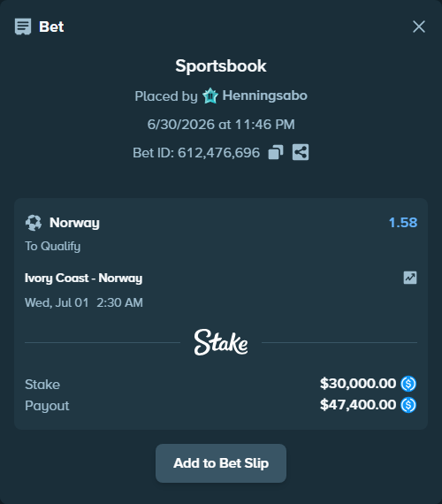 Bet slip: Ivory Coast - Norway, $30,000.00 stake at 1.58 odds, placed by Henningsabo
