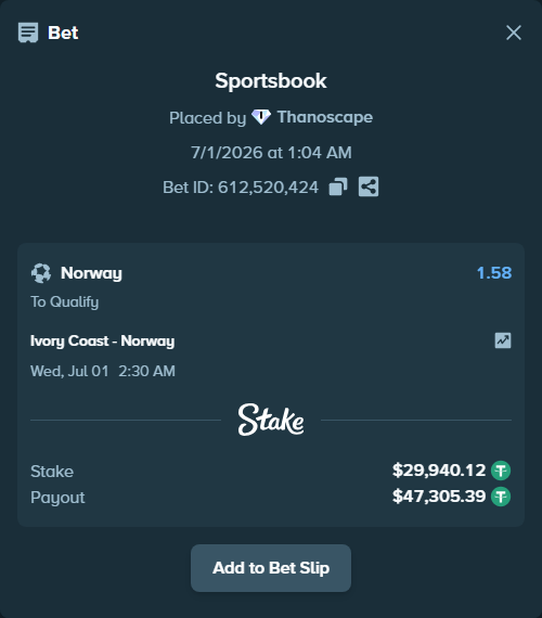 Bet slip: Ivory Coast - Norway, $30,000.00 stake at 1.58 odds, placed by Thanoscape