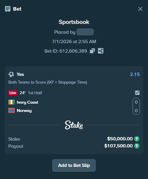 Bet slip: Ivory Coast - Norway, $50,050.00 stake at 2.15 odds, placed by Bajarangg83