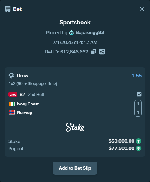 Bet slip: Ivory Coast - Norway, $50,050.00 stake at 1.55 odds, placed by Bajarangg83