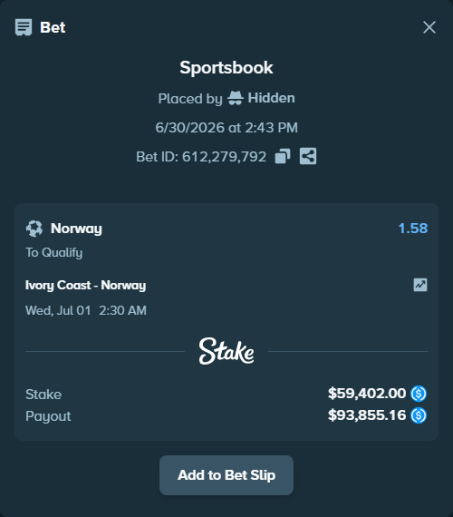 Bet slip: Ivory Coast - Norway, $59,402.00 stake at 1.58 odds, placed by bappuji668