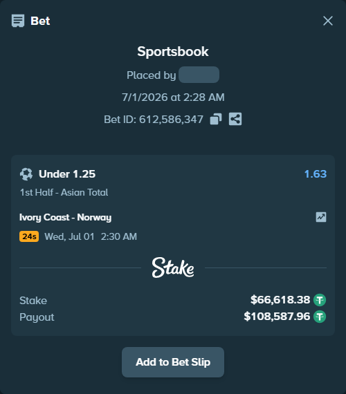 Bet slip: Ivory Coast - Norway, $66,685.00 stake at 1.63 odds, placed by NeporozhnevArt