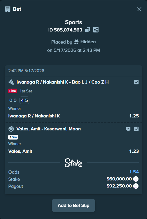 Bet slip: Iwanaga R / Nakanishi K - Bao L J / Cao Z H, $50,496.67 stake at 1.25 odds, placed by Hidden