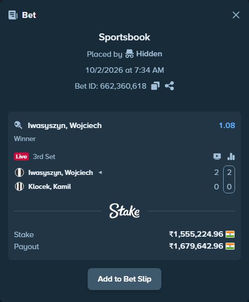 Bet slip: Iwasyszyn, Wojciech - Klocek, Kamil, $18,662.70 stake at 1.08 odds, placed by shiiivaniii