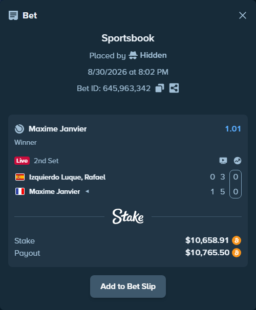Bet slip: Izquierdo Luque, Rafael - Maxime Janvier, $10,770.80 stake at 1.01 odds, placed by Hidden