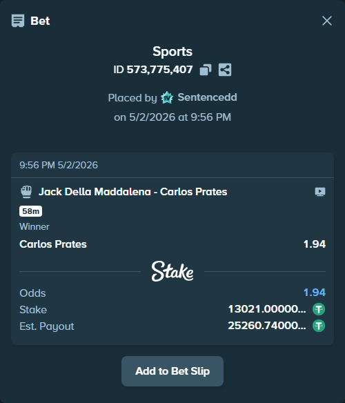 Bet slip: Jack Della Maddalena - Carlos Prates, $13,021.00 stake at 1.94 odds, placed by Sentencedd