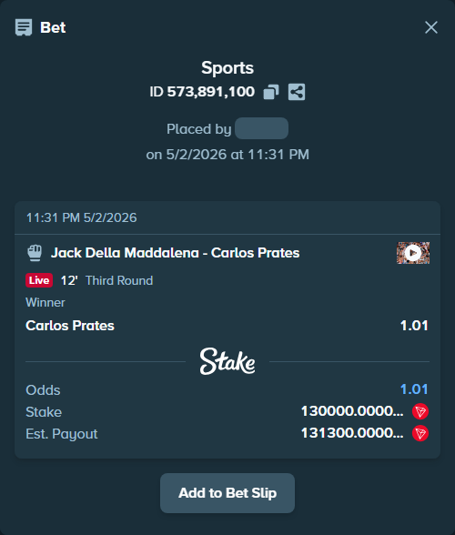 Bet slip: Jack Della Maddalena - Carlos Prates, $42,421.73 stake at 1.01 odds, placed by Irakli1989