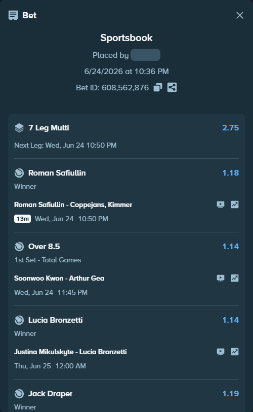 Bet slip: Jack Draper - Jack Pinnington Jones, $100,100.00 stake at 1.19 odds, placed by EaurigaT