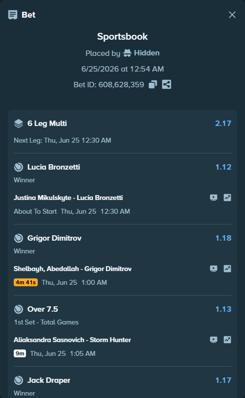 Bet slip: Jack Draper - Jack Pinnington Jones, $75,075.00 stake at 1.17 odds, placed by Hidden