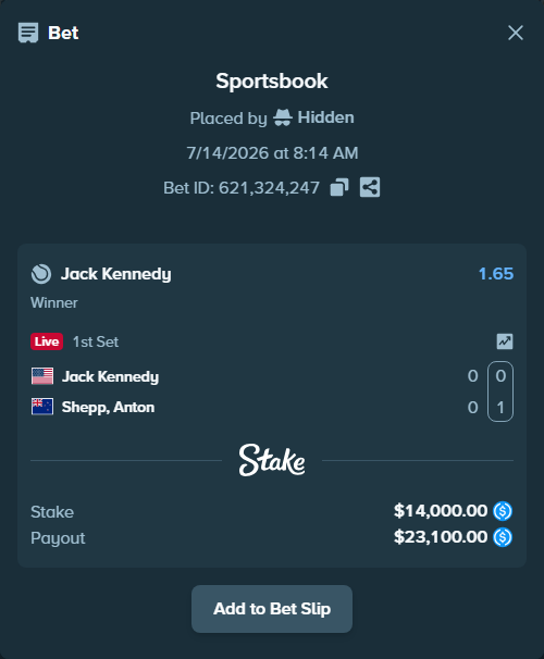 Bet slip: Jack Kennedy - Shepp, Anton, $14,000.00 stake at 1.65 odds, placed by Hidden