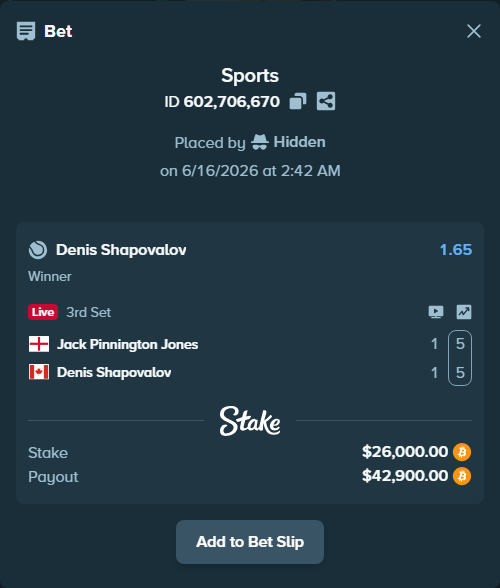 Bet slip: Jack Pinnington Jones - Denis Shapovalov, $24,904.72 stake at 1.65 odds, placed by Hidden