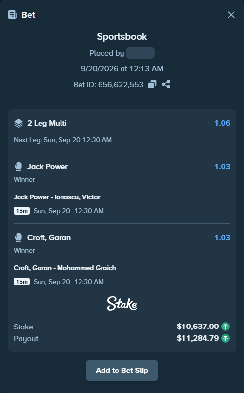 Bet slip: Jack Power - Ionascu, Victor, $10,637.00 stake at 1.03 odds, placed by korehato
