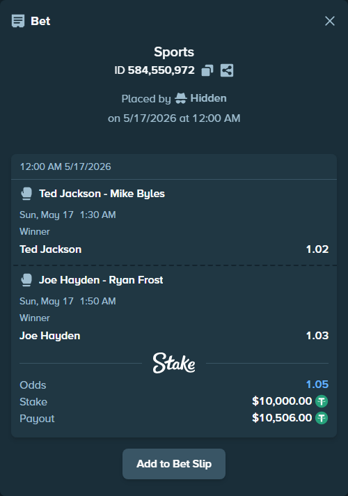 Bet slip: Jackson, Ted - Byles, Mike, $10,000.00 stake at 1.02 odds, placed by Hidden