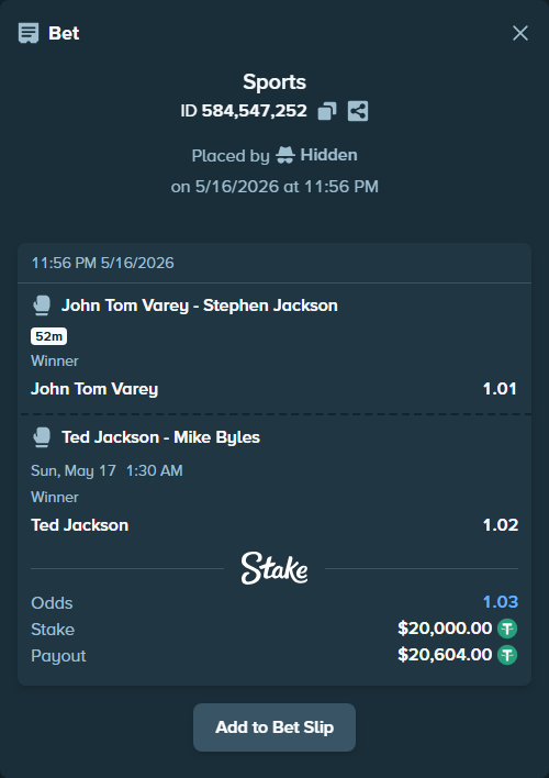 Bet slip: Jackson, Ted - Byles, Mike, $20,000.00 stake at 1.02 odds, placed by Hidden