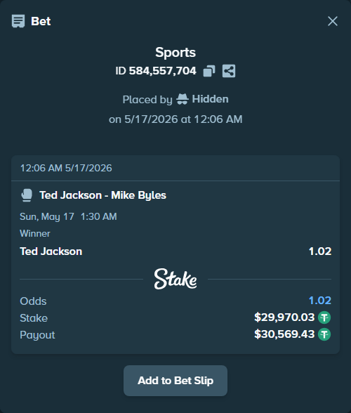Bet slip: Jackson, Ted - Byles, Mike, $30,000.00 stake at 1.02 odds, placed by Hidden