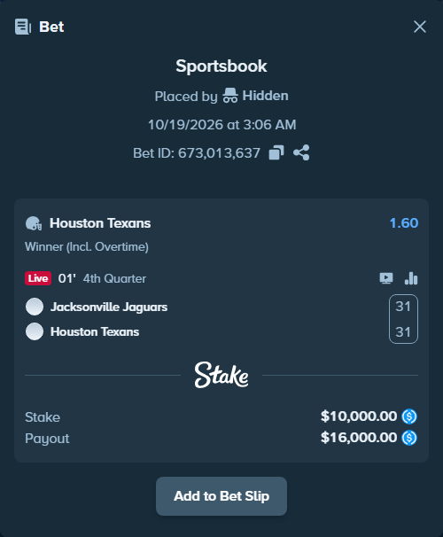 Bet slip: Jacksonville Jaguars - Houston Texans, $10,000.00 stake at 1.60 odds, placed by mathiasjuel