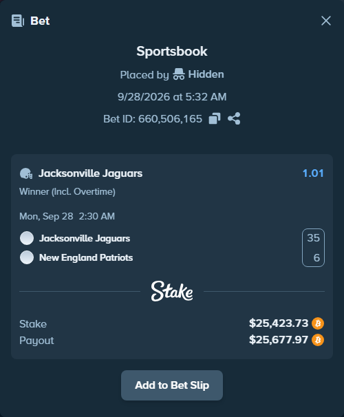 Bet slip: Jacksonville Jaguars - New England Patriots, $25,384.20 stake at 1.01 odds, placed by VictorValeriu