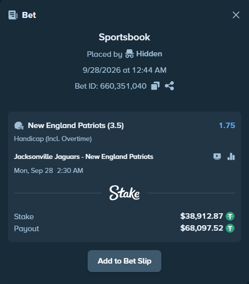 Bet slip: Jacksonville Jaguars - New England Patriots, $38,912.87 stake at 1.75 odds, placed by dvento